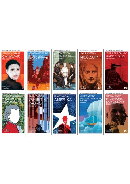İş Bankası Modern Klasikler Dizisi 10 Kitap Set (Canavar, Bir Safdilin Hatıra Defteri, Üç Kız Kardeş, Meczuğ, Köpek Kalbi, Mozart ve Deyyuslar, Vahşetin Çağrısı, Amerika, Buzullar Arasında Bir Kış)