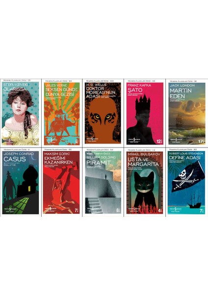 İş Bankası Modern Klasikler Dizisi 10 Kitap Set (Clarissa, Seksen Günde Dünya Gezisi, Doktor Moreau'nun Adası, Şato, Martin Eden, Casus, Ekmeğimi Kazanırken, Piramit, Usta ve Margarita, Define Adası)
