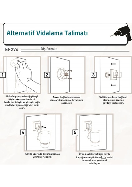 Teknotel Delme Vida Matkap Yok! Easyfıx Yapışkanlı Diş Fırçalık Macunluk Mat Siyah EF274