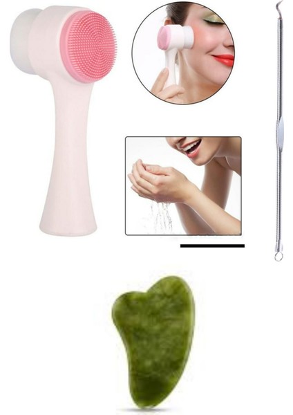 3lü Yüz Bakım Güzellik Seti Çift Taraflı Yüz Yıkama Fırçası+ ve Temizleme+Gua Taşı