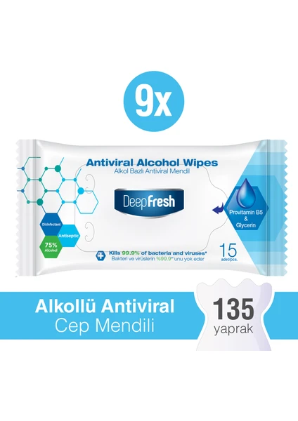 Deep Fresh Alkollü Antiviral ve Antibakteriyel Islak Cep Mendili 9 x 15 Yaprak