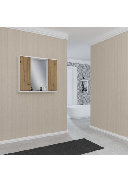 AD4 Kulpsuz 2 Kapaklı Beyaz Ceviz Mdf 80 cm Aynalı Banyo Üst Dolabı