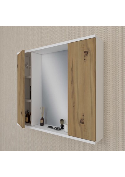 AD4 Kulpsuz 2 Kapaklı Beyaz Ceviz Mdf 80 cm Aynalı Banyo Üst Dolabı