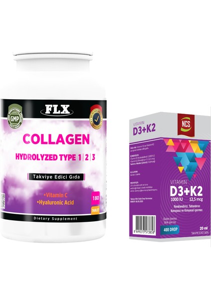 Kollajen Tip 1-2-3 180 Tablet +Vitamin D3 Vitamin K2 20 ml