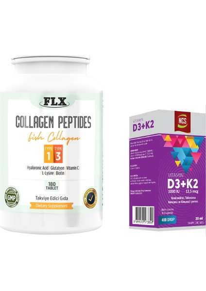 Kollajen Tip 1-3 180 Tablet + Vitamin D3 Vitamin K2 20 ml