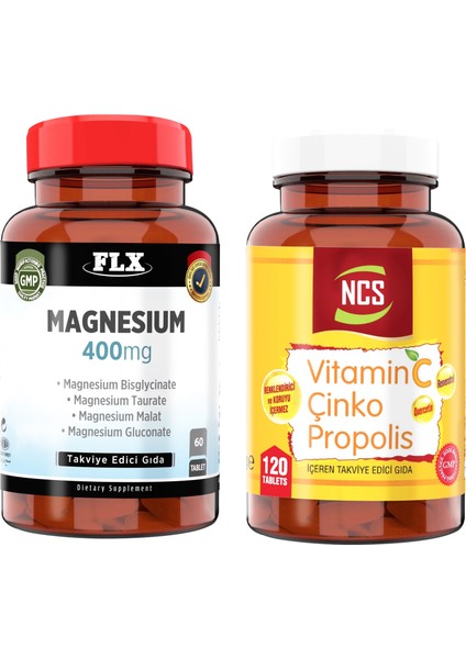 Magnesium Malat Taurat Glukonat Bisglisinat 60 Tablet + Vitamin C Çinko Propolis 120 Tablet