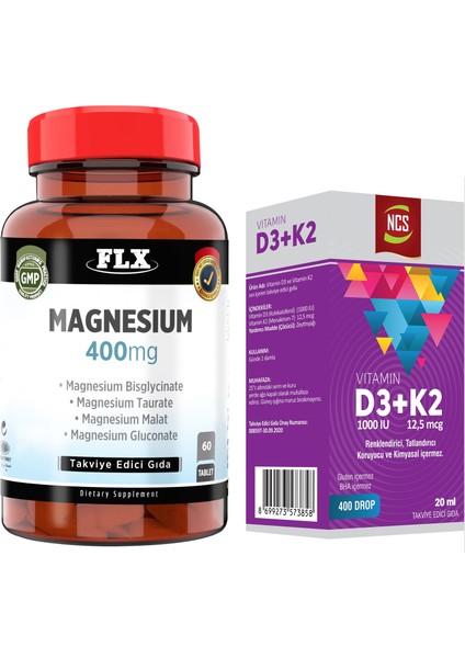 Magnesium Elementleri 400 mg 60 Tablet + Vitamin D3 Vitamin K2 20 ml