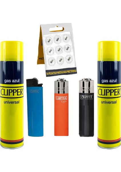 Clipper 3 Adet Taşlı Çakmak + 2 Adet Çakmak Gazı + 1 Paket (9'lu) Çakmak Taşı