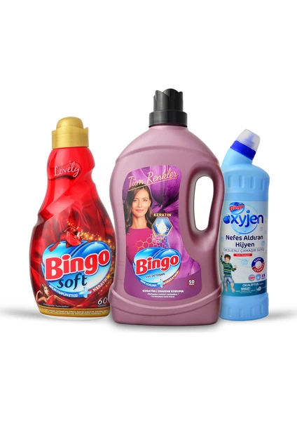 Keratin Sıvı Çam. Detr. 3 lt +BINGO Lovely Yumuşatıcı 1440 ml+BINGO Okaliptus Çam. Suyu 750 ml