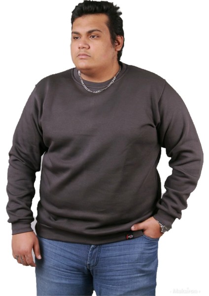 Büyük Beden Erkek Sıfır Yaka Füme Sweatshirt