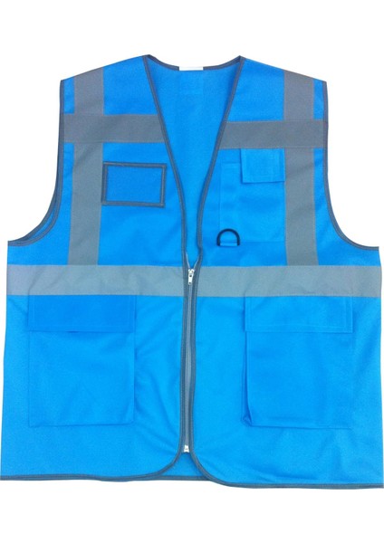 Mavi Fermuarlı Cepli Reflektörlü Ikaz Mühendis Yeleği