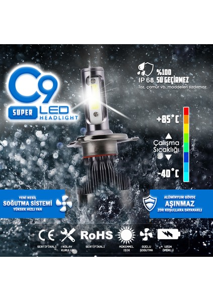 Ultra Beyaz LED Xenon Soğutuculu Far Ampulü 9400 Lümen 6000K H7