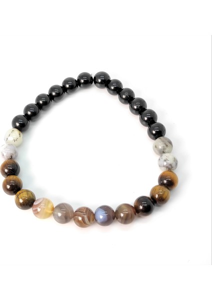 Bostwana Akik Kaplangözü Dentrit Opal Siyah Turmalin Bileklik 8 mm 18 cm