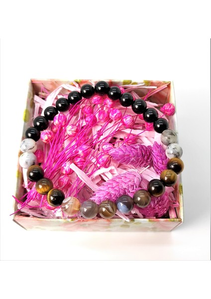 Bostwana Akik Kaplangözü Dentrit Opal Siyah Turmalin Bileklik 8 mm 18 cm fiyatları