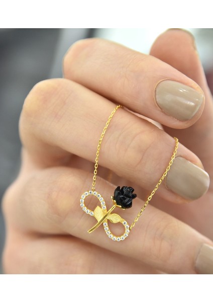 925 Ayar Gümüş Gold Kaplama Sonsuzluk Kara Gül Kolye fiyatları