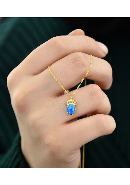 925 Ayar Gümüş Gold Kaplama Mavi Opal Taşlı Ananas Kolye