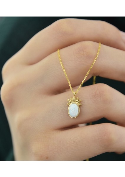 925 Ayar Gümüş Gold Kaplama Beyaz Opal Taşlı Ananas Kolye