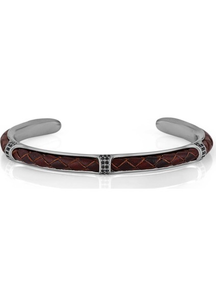 Zirkon Taşlı Deri Detaylı Handmade Erkek Kelepçe Bileklik FRJ11165-1265-BR