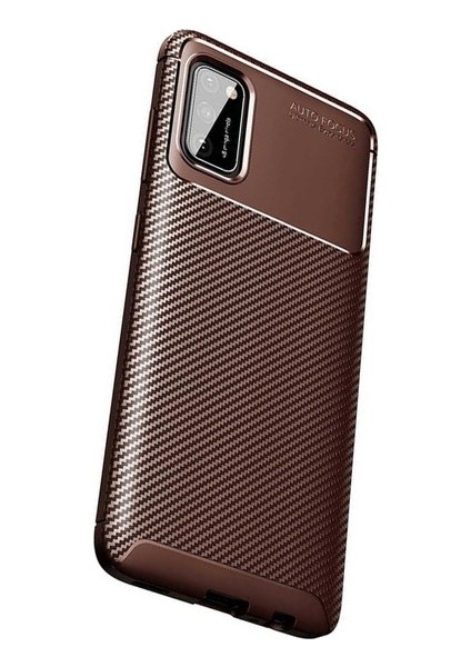 Samsung Galaxy A02S Kılıf Karbon Desenli Lux Silikon + Tam Kaplayan 5d Cam Ekran Koruyucu Kahverengi