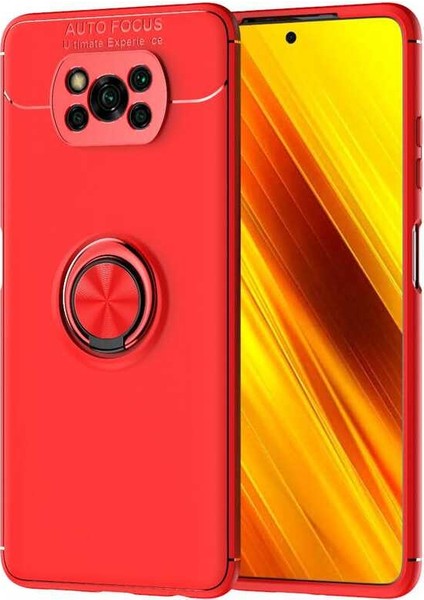 Xiaomi Poco X3 Kılıf Ultra Korumalı Yüzüklü Manyetik Ravel Silikon + Tam Kaplayan 6d Nano Ekran Koruyucu Kırmızı