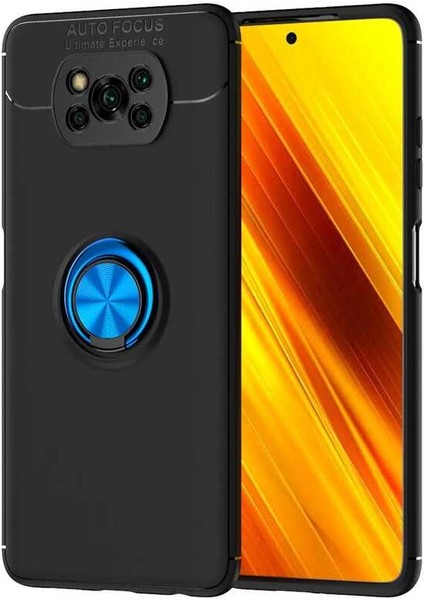 Xiaomi Poco X3 Kılıf Ultra Korumalı Yüzüklü Manyetik Ravel Silikon + Tam Kaplayan 6d Nano Ekran Koruyucu Siyah - Mavi