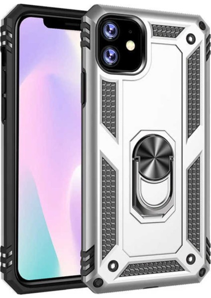 Apple iPhone 11 Kapak Military Yüzüklü Stantlı Panzer Tank Kılıf Gri