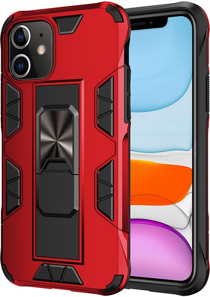 Apple iPhone 11 Kapak Standlı Mıknatıslı Tank Kılıf Kırmızı
