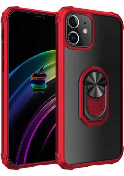 Apple iPhone 11 Kapak Şeffaf Yüzüklü Kenar Korumalı Standlı Kılıf Kırmızı