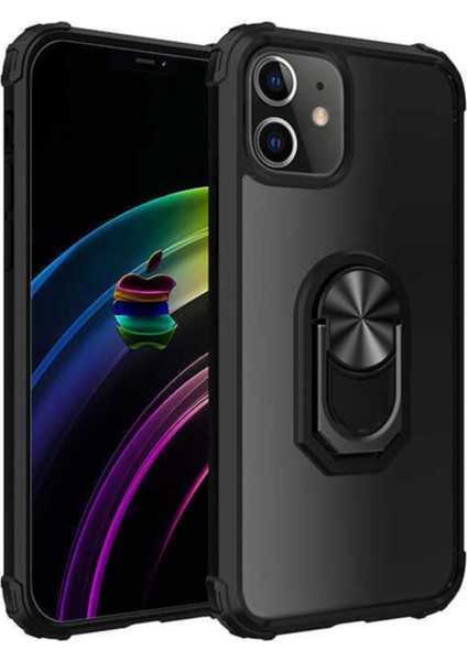 Apple iPhone 11 Kapak Şeffaf Yüzüklü Kenar Korumalı Standlı Kılıf Siyah