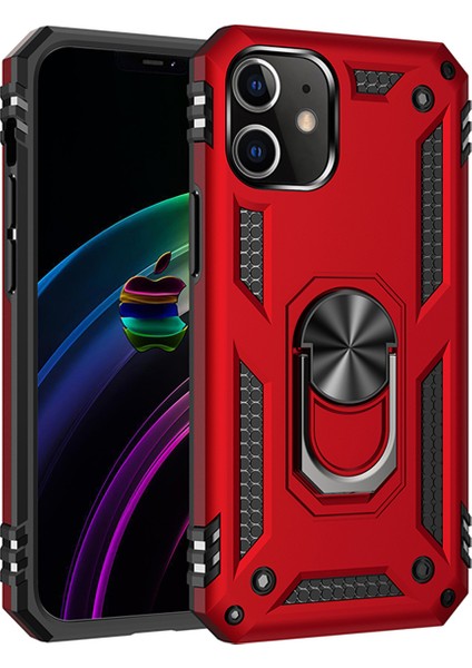 Apple iPhone 12 Kapak Military Yüzüklü Stantlı Panzer Tank Kılıf Kırmızı