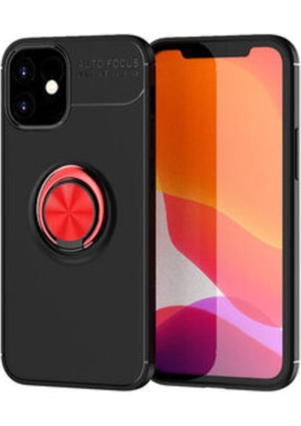 Apple iPhone 12 Kılıf Renkli Yüzüklü Manyetik Silikon Kapak Siyah - Kırmızı