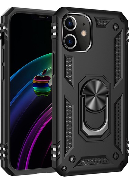 Apple iPhone 12 Mini Kapak Military Yüzüklü Stantlı Panzer Tank Kılıf Siyah