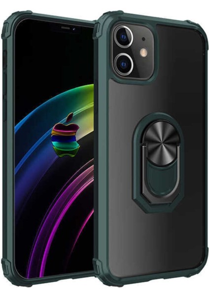 Apple iPhone 12 Mini Kapak Şeffaf Yüzüklü Kenar Korumalı Standlı Kılıf Yeşil