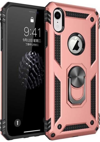 Apple iPhone XR Kapak Military Yüzüklü Stantlı Panzer Tank Kılıf Rose Gold