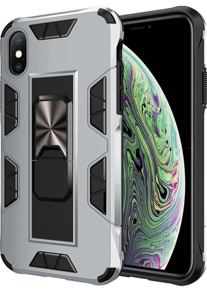 Apple iPhone Xs Kapak Standlı Mıknatıslı Tank Kılıf Gri