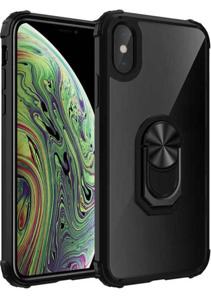 Apple iPhone Xs Kapak Şeffaf Yüzüklü Kenar Korumalı Standlı Kılıf Siyah