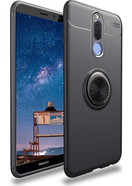 Huawei Mate 10 Lite Kılıf Renkli Yüzüklü Manyetik Silikon Kapak Siyah