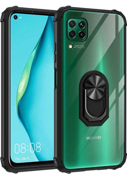 Huawei P 40 Lite Kapak Şeffaf Yüzüklü Kenar Korumalı Standlı Kılıf Siyah