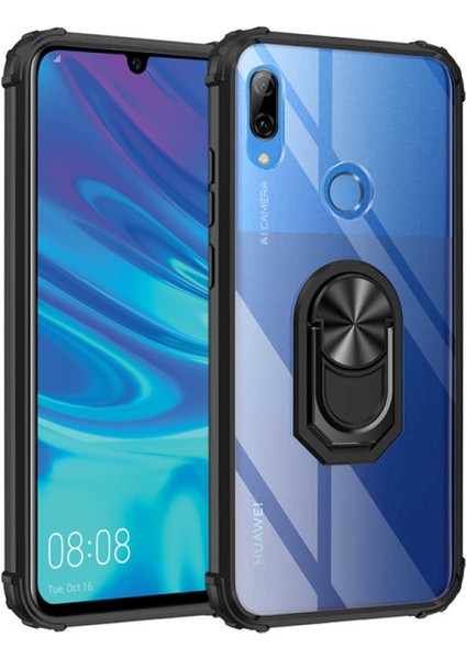 Huawei P Smart 2019 Kapak Şeffaf Yüzüklü Kenar Korumalı Standlı Kılıf Siyah