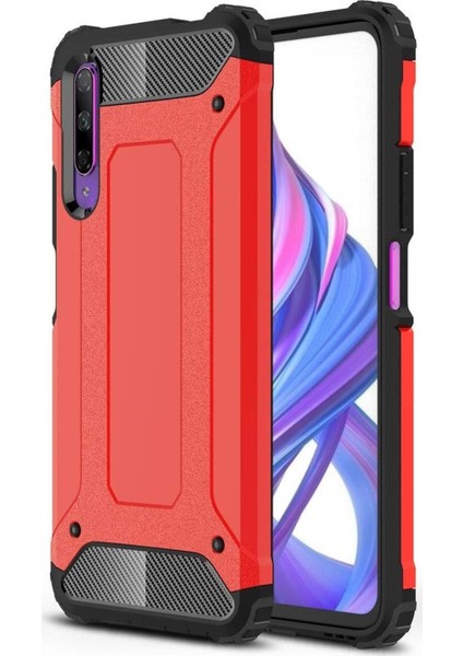 Huawei P Smart Pro 2019 Kapak Çift Katmanlı Zırh Tank Kılıf Kırmızı