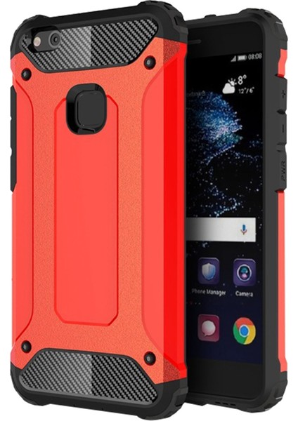 Huawei P10 Lite Kapak Çift Katmanlı Zırh Tank Kılıf Kırmızı