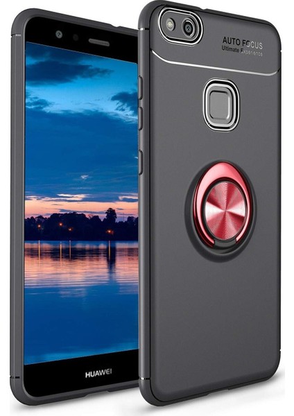 Huawei P10 Lite Kılıf Renkli Yüzüklü Manyetik Silikon Kapak Siyah - Kırmızı