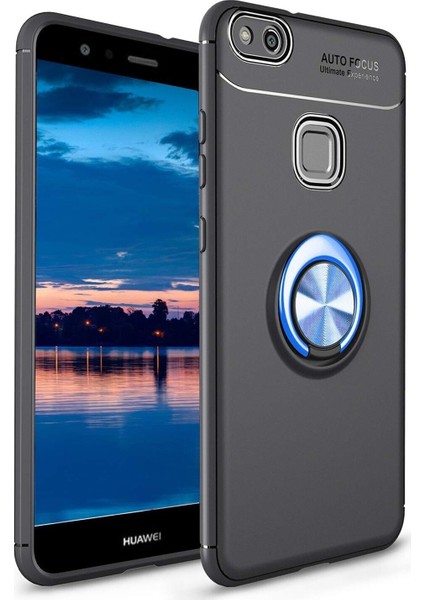 Huawei P10 Lite Kılıf Renkli Yüzüklü Manyetik Silikon Kapak Siyah - Mavi