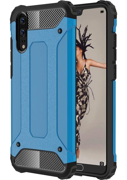 Huawei P20 Kapak Çift Katmanlı Zırh Tank Kılıf Mavi