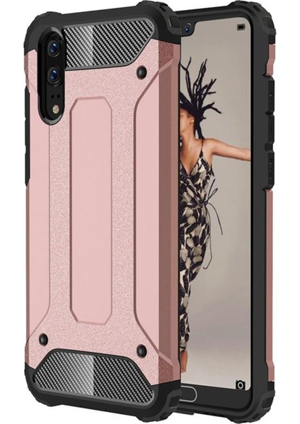 Huawei P20 Kapak Çift Katmanlı Zırh Tank Kılıf Rose Gold