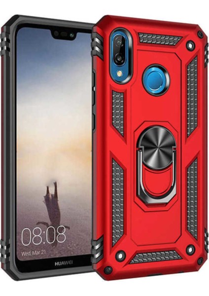Huawei P20 Lite Kapak Military Yüzüklü Stantlı Panzer Tank Kılıf Kırmızı