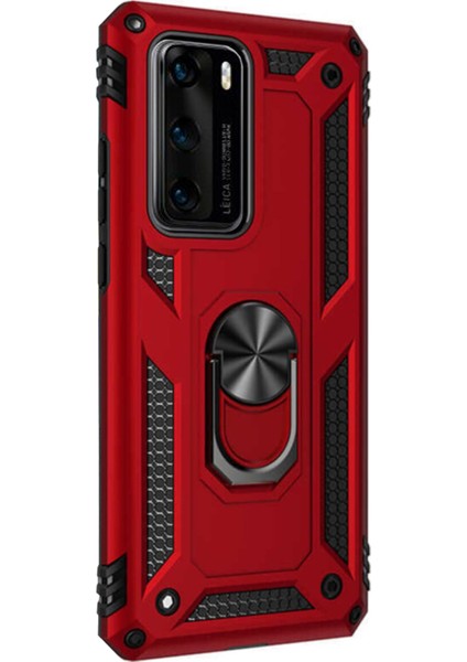 Huawei P40 Kapak Military Yüzüklü Stantlı Panzer Tank Kılıf Kırmızı
