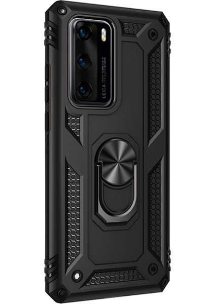 Huawei P40 Kapak Military Yüzüklü Stantlı Panzer Tank Kılıf Siyah