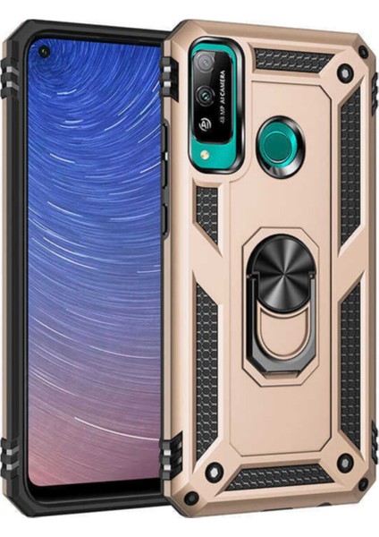 Huawei P40 Lite E Kapak Military Yüzüklü Stantlı Panzer Tank Kılıf Gold