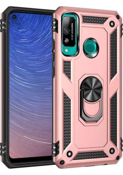Huawei P40 Lite E Kapak Military Yüzüklü Stantlı Panzer Tank Kılıf Rose Gold